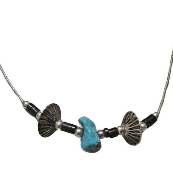 1970s Sterling Silver Liquid Beads Uncut Turquoise Black Stone Necklace - Picture 3 of 4